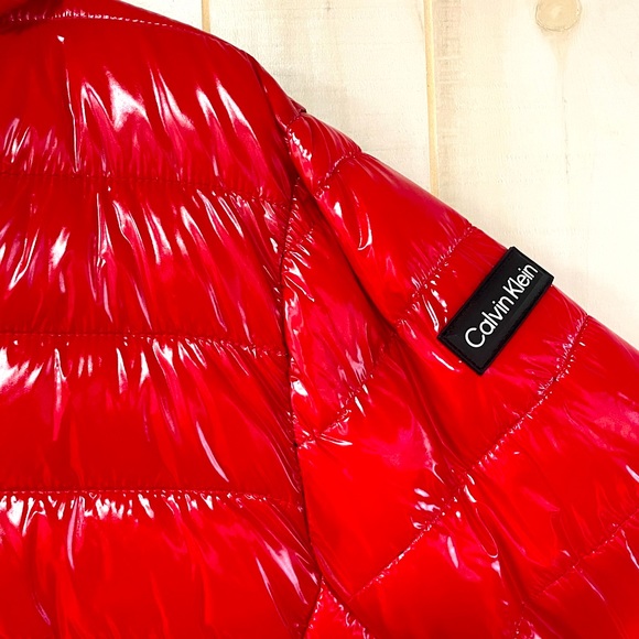 Calvin Klein Super Shine Hooded Red Puffer Coat Sz M - Picture 8 of 9